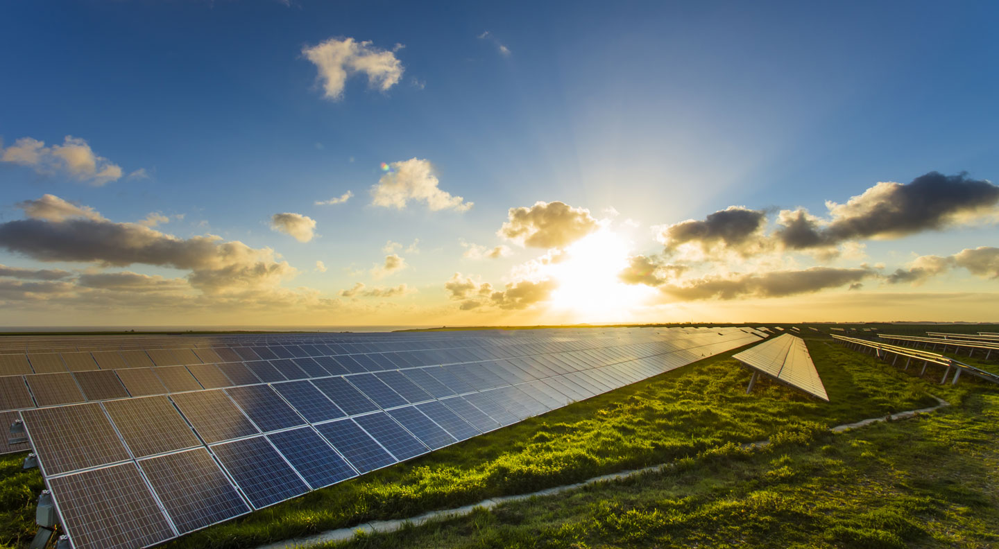 Solar panels with sunset